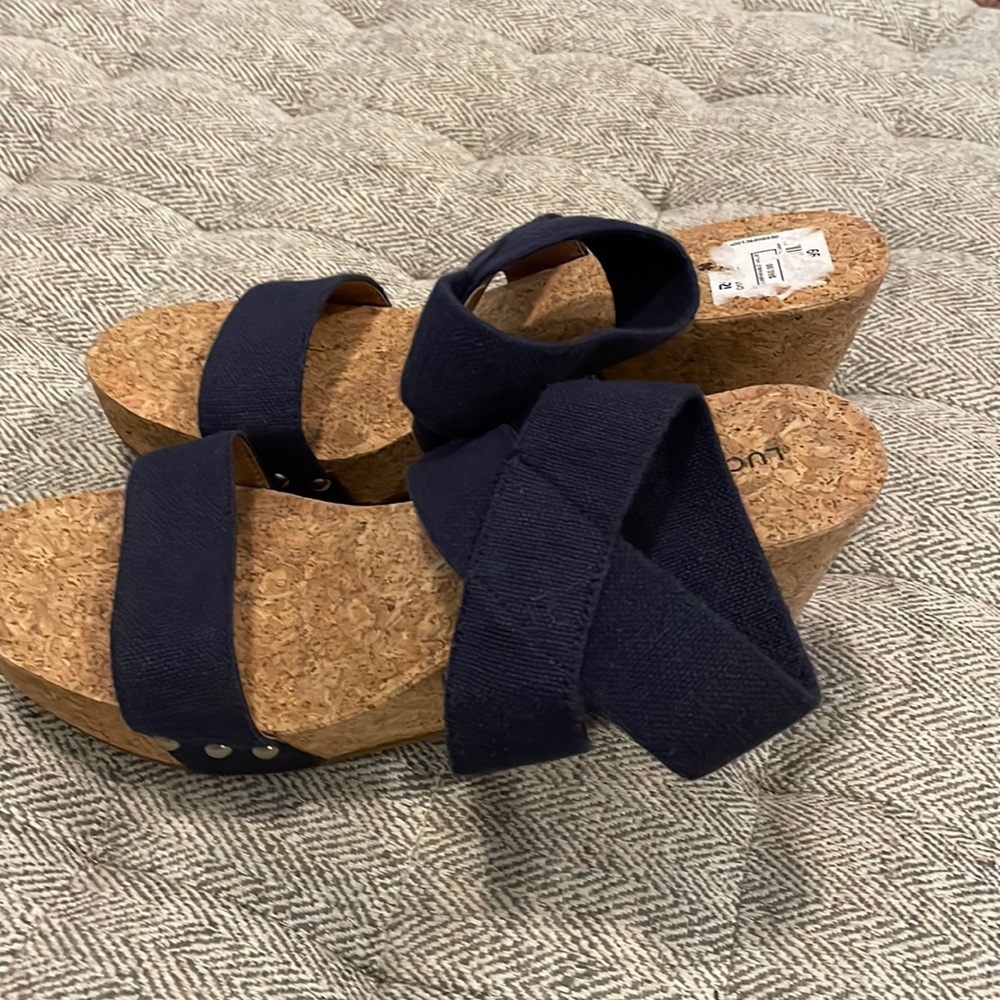 Lucky Brand Navy Cork Wedge Sandals